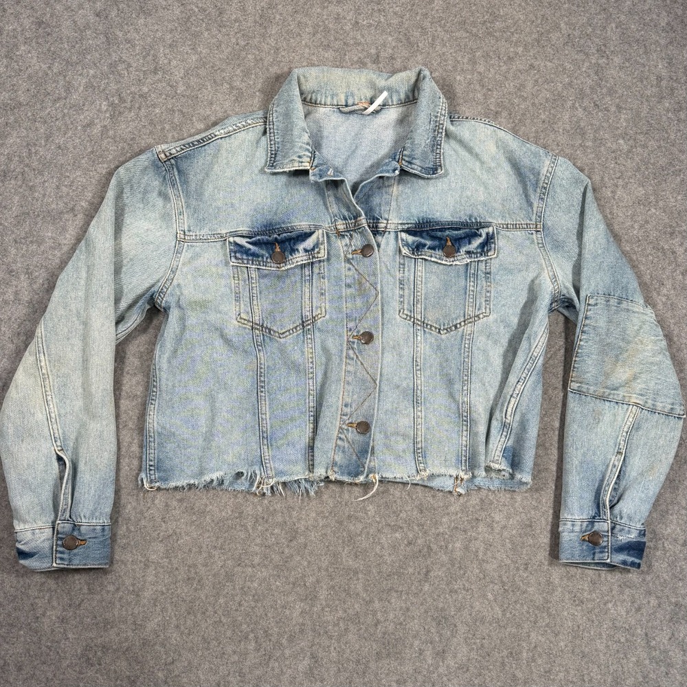 Free People Blue Denim Cut-Off Button Down Jean Jacket Women's Size Medium